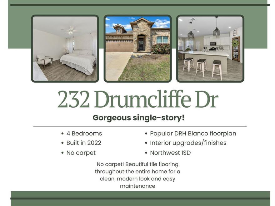 Better than new and thoughtfully upgraded, this 4-bedroom, 2-bath home offering 2,022 sq ft features the popular Blanco floor plan by D.R. Horton and is located in the highly sought-after Northwest ISD. Built in 2022, the home offers the advantages of modern construction with numerous upgrades already completed. Tile flooring runs throughout the entire home with no carpet, providing durability and easy maintenance. Builder upgrades include full perimeter gutters, cordless faux wood blinds, additional recessed lighting in the office, and upgraded exterior lighting.
Since completion, the homeowners have added stylish improvements including updated light fixtures throughout, ceiling fans, a custom spare bathroom vanity with vessel sink and upgraded faucet, and rainfall plus handheld shower heads in both bathrooms. The kitchen and pantry area feature custom touches such as a custom pantry door, open shelving in the butler’s pantry, and added upper cabinetry in the office nook for additional storage. All recessed lighting has also been upgraded to bright daylight LED lighting.
The backyard has been improved with a leveled yard and extended concrete patio, creating a great space for relaxing or entertaining. With modern finishes, thoughtful upgrades, and a prime location in Northwest ISD, this move-in-ready home offers comfort, style, and convenience.
