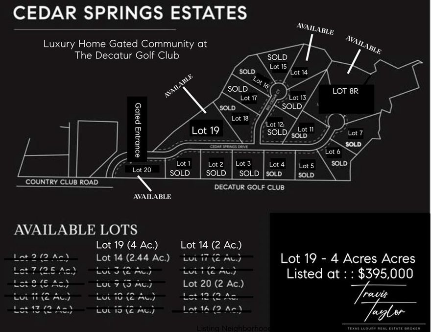 NEW LUXURY HOME GATED COMMUNITY IN DECATUR, TEXAS : Welcome to Cedar Springs Estates located on the Decatur Golf Club. Exclusive Custom Home Sites available for purchase starting at $200,000. Cedar Springs Estates offers a selection of unique amenities including direct access to the Decatur Golf Club and Club House, across the street from Hollis & Sue Jones Park and ball field's, as well as very close proximity to the Decatur Private Airport. Rest assured with extra level of security behind the community gates, Cedar Springs Estates is one of the few gated communities in Wise County. Play the 9 hole golf course, catch a ball game at the park, head to the private airport to get out of town all within a few steps of your home. A short drive to the Historic Downtown Decatur Square you will find fine dining and shopping. Enjoy privacy and seclusion on your 2+ acre lot surrounded by mature trees and landscape. Yet only minutes to Downtown Ft Worth, DFW Airport, Alliance, Southlake, Dallas.