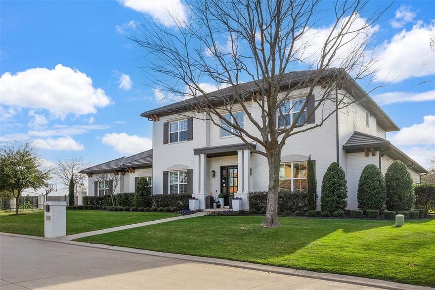 Resort style living in beautiful, guarded Mira Vista. Built by Glendarroch Homes in 2018, this home has everything! A grand foyer welcomes you inside with gorgeous hardwood floors and a stately staircase, flanked by a study with glass French doors and a large formal dining room. The spacious family room is open to the luxury kitchen with high-end stainless-steel appliances, exquisite quartz countertops, and a large butler pantry with built-in full size wine fridge. First floor primary suite with spa-like bathroom, double vanities, make-up counter, and 2 large walk-in closets. A secondary guest suite is also located on the first floor, with a large en-suite bathroom. Upstairs boasts a giant flex room with built-in sink, mini-fridge, and a second powder bath. Off the flex room is a large media room, perfect for watching movies and games! There are 2 large bedrooms on the second floor, both with their own en-suites and large walk-in closets. The backyard is its own oasis! A covered patio with retractable shades, a cozy, gas fireplace, large glass sliding doors, and a built-in grill. The sparkling pool and spa were built in 2021, with waterfall features and a fire pit! The driveway is gated, with extra space for the basketball goal or riding bikes, all on quiet cul-de-sac, backing up to the Mira Vista nature trail.