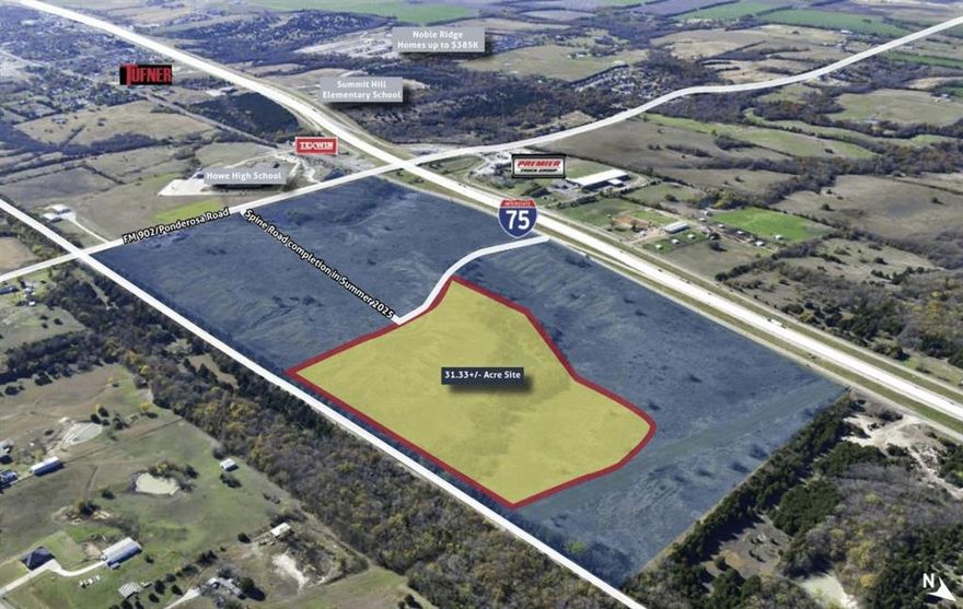 Vanguard Real Estate Advisors (VREA) has been exclusively retained by Ownership to offer the opportunity to purchase 31.33 acres zoned Single Family (SF-2) in the Ponderosa Point mixed-use development in Howe, TX. Ownership is currently working on a preliminary plat for 112 single family lots with expected approval in Q1 2025 for 50’x120’ and 60’x100’ lot sizes. The Ponderosa Point mixed-use development will also include retail, multifamily, and build-to-rent in addition to the single family lots. Seller anticipates construction of the spine road through Ponderosa Point to be completed by summer 2025, providing direct access and utilities to the Site.

The Site is prominently located along US-75 directly across from Howe High School in the rapidly growing suburb that is 23 miles north of McKinney and 10 miles south of Sherman. This represents a great opportunity to acquire paper lots in a mixed-use development with utilities.