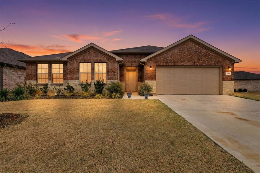 Welcome to 333 Alice Harney Rd in Burleson, a beautifully maintained 2024-built brick home with white rock wainscoting that combines modern design with everyday comfort. Situated on a desirable corner lot in a new neighborhood within the highly sought-after Burleson ISD, this one-story home offers convenient access to I-35 while maintaining a quiet residential feel.  This spacious home features 5 bedrooms and 3 full bathrooms, plus a versatile flex room that can serve as a home office, playroom, media space, or even a 6th bedroom to fit your needs. The home has been barely lived in and kept in meticulous condition, showing pride of ownership throughout. The thoughtful floor plan offers an open-concept living area ideal for entertaining or family gatherings, complete with built-in wired speakers for an enhanced entertainment experience. The kitchen is designed for both style and function, featuring shaker-style cabinetry, quartz countertops, a large island, and an oversized pantry for plenty of storage. Durable tile flooring runs throughout the main living areas, while carpeted bedrooms provide comfort and warmth.  The primary suite is generously sized and filled with natural light, offering a relaxing retreat with a large ensuite bathroom, walk-in shower, and huge walk-in closet. The four additional bedrooms are also spacious, each with ample closet space, making this home ideal for families, guests, or a home office setup.  Additional highlights include a large laundry room, a covered private lanai perfect for relaxing outdoors, and a low-maintenance backyard that is just the right size for children or pets to enjoy.  With modern construction, thoughtful features, and a fantastic location, this home offers the perfect balance of comfort, convenience, and move-in-ready living in one of Burleson’s most desirable areas.