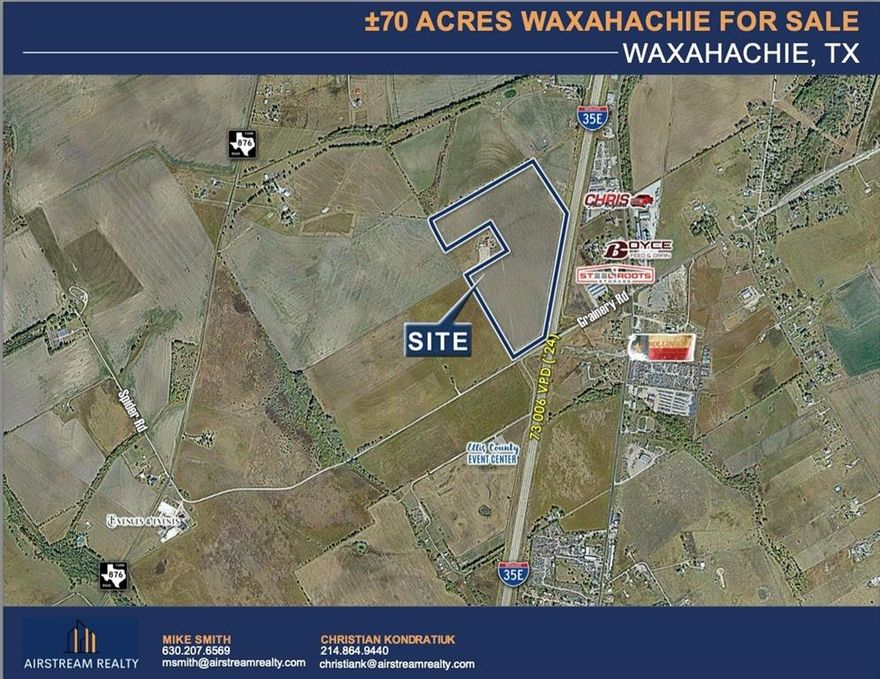 ±70 Acres Grainery Rd & I-35 , Waxahachie, TX
-Size: ± 69.99 Acres
-Property ID: 190506
-Zoning: City of Waxahachie ETJ
-Price: $2.45 Per Square Foot
- Utilities: Water: CCN Buena Vista Bethel SUD; No verified Sewer in proximity to site.  
-2,000 Feet of Frontage Along I-35 E
-Strategically located at the entrance to a growing area with planned future development-Area: 
-Situated Just North West of Green Brick Haven Ranch Development: Consisting of ±1,200 Acres (2,600 SF Homes across multiple phases) 
-Minto Communities Development: ± 3,170 Total Acres of Development. Featuring Adult Residential and Traditional Residential. Total number of 13,270 Units planned for the Development. 
- Waxahachie's population grew from approximately 41,140 in April 2020 to an estimated 51,261 by 2025, representing significant growth in just five years. This growth is driven by its location in the Dallas-Fort Worth Metroplex and has led to increased development and a population increase of over 18% between 2020 and 2025