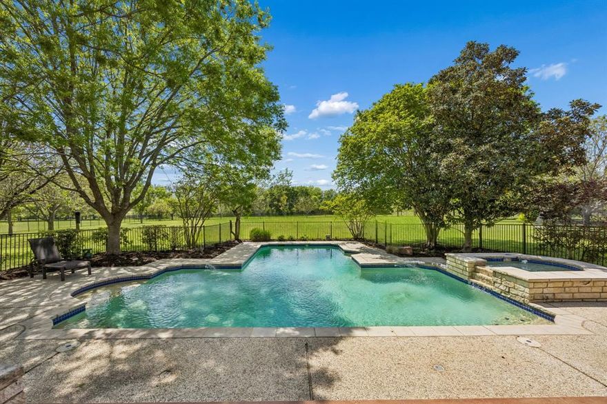 Welcome to 515 Bastrop Rd. in Lucas, a home that effortlessly blends timeless elegance with everyday comfort. From the moment you step inside, you’re greeted by a stunning curved staircase and a beautifully detailed dining room with wall molding, adding sophistication and making every gathering feel special. Work from home in style in your private office, featuring a dramatic ceiling with cross beams and rich wood paneling overhead, creating a warm and inviting space full of character. The formal sitting room is a peaceful retreat, where a large picture window invites the outdoors in, filling the space with natural light and serene views. The heart of the home is the chef’s kitchen, complete with a spacious island, granite countertops, double ovens, abundant storage, and a breakfast bar, perfect for casual meals or lively conversation while cooking. Start your mornings in the bright and airy breakfast nook, bathed in sunlight from a large window that makes every coffee moment feel special. Your primary retreat is a true sanctuary, boasting a spa-like bath, dual vanities, a separate shower, and a custom walk-in closet to keep everything perfectly organized. Entertainment is effortless with a theatre-inspired media room and a game room with plenty of space for a pool table, perfect for family fun or hosting friends. Step outside to your private backyard oasis, where the outdoor living area and cooking station invite you to savor meals al fresco, and the pool and spa combo overlooks a beautiful grassy field, creating a peaceful backdrop for relaxation or entertaining year-round. This home is designed to be lived in, loved, and cherished. 515 Bastrop Rd. offers the perfect balance of luxury, comfort, and inviting spaces that make every day feel extraordinary.