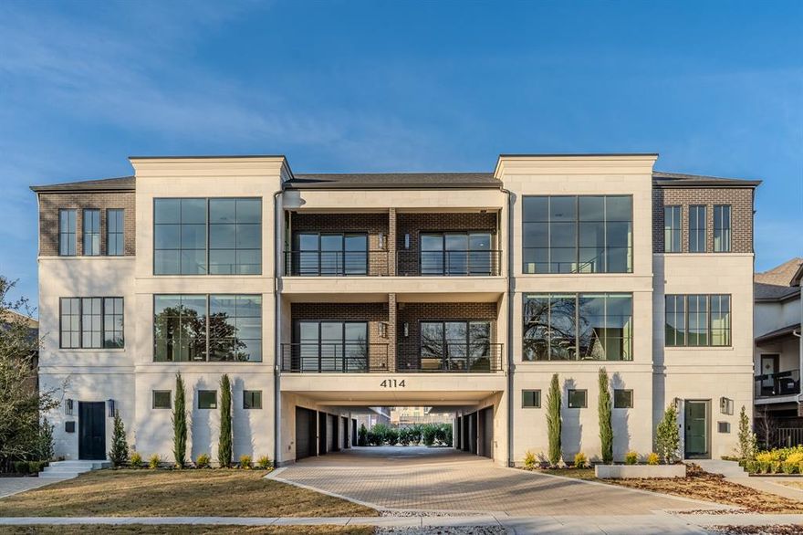 Premium front-facing corner unit in this brand-new luxury community by Stainback Construction, offering exceptional natural light through oversized windows on multiple sides. Designer touches and high-end finishes are showcased throughout, including a Wolf range, Sub-Zero appliances, marble countertops, and custom cabinetry by premier London & Bosh, a renowned cabinet maker based in Mexico.

This highly functional three-story floor plan includes a private elevator, dedicated private office, smart home technology, and Pella doors and windows with automatic shades. The three-car garage features epoxy flooring and an electric vehicle charging outlet. Zoned to HPISD and within walking distance of Highland Park High School, Highland Park Village, and the shops along Preston, this front corner residence delivers modern luxury, timeless quality, and a superior position within the building.