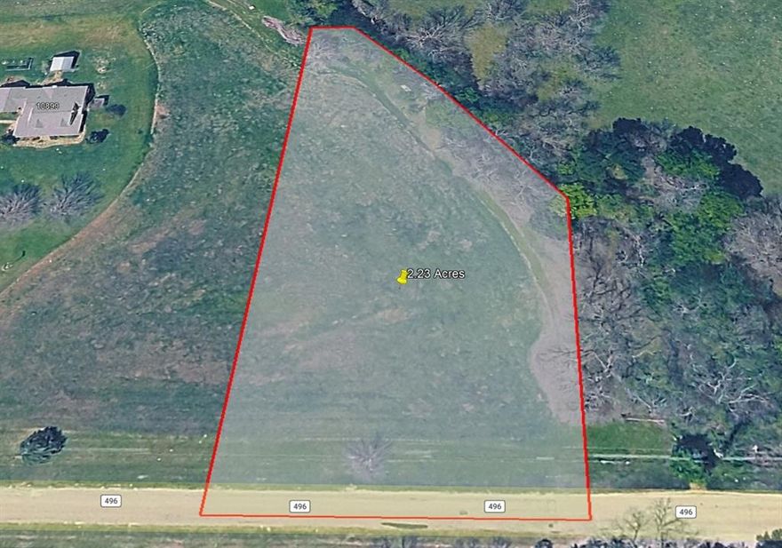2.23-acre Princeton homesite with approximately 249 feet of CR 496 road frontage — the largest CR 496 frontage of any single homesite in this property division. This is Lot G of seven planned homesites being divided from a 17.655-acre Princeton property (subject to survey and final platting before sale). Mature pasture, gentle topography, ample room for a custom home, shop, and small acreage uses. Quick access to Hwy 380. Princeton ISD: Leta Horn Smith Elementary, Huddleston Intermediate, Clark Junior High, Princeton High School.

DEED RESTRICTIONS (first 30 years from initial closing): no mobile homes, no multifamily, no storage facilities, and possibly others. Seller will pay for the initial survey and platting of the land. Buyer is responsible for verifying and installing their own utilities and road entrances.

Six other planned homesites are also available individually or in combination — including the existing custom home on Lot E and Lot F adjacent for an expanded estate. Ask listing agent for the planning map and KMZ.