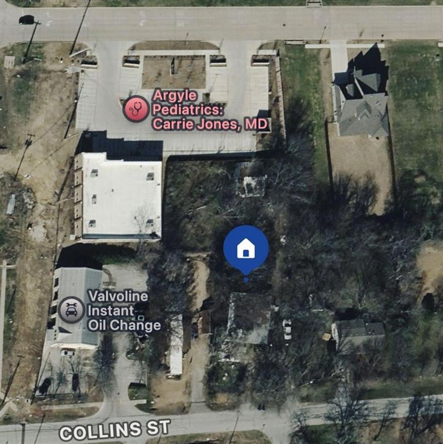 100 feet of frontage.  Just under an acre off of Hwy 377 and Collins. This property is serviced with city sewer. Currently used for Residential but may be zoned commercial as well, per owner.  2 parcels #66866 0.5407 acres and #125557 0.225 acres. Buyer to verify with the city as to zoning.  A variety of essential services nearby, such as grocery stores, medical facilities, and banks readily available, daily life is convenient and efficient. The vibrant city center of Denton, just a short drive away, offers an array of shopping, dining, and entertainment venues that cater to all tastes and ages. Commercial properties all around the area.   May be best used for commercial but can be used for residential as it is now. City of Argyle will provide city ordinance's upon request.  The value is in the land. Please make an appt through Broker Bay to walk the property.