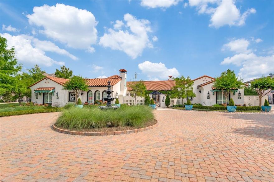One of a kind Mediterranean Custom Estate in Prosper. Situated on over an acre backing to the 14th green & private lake of Gentle Creek golf course. This home has a grand circular entry, large family room open to kitchen with custom marble floor to ceiling fireplace. Updated kitchen with Viking Prof. series stove, Calcutta Marble tile & Quartzite center island, designer lighting throughout & subzero refrigerator. Entertaining is a breeze in the large dining room with French doors that open to the courtyard. Climate controlled wine room.  Luxurious primary suite w-FP and spa like bath and oversized shower. Exercise room or second study off the master. Primary suite leads out to the private backyard oasis w-a pool bath, FP & outdoor living.  Each Cabana has its own speaker & entertainment options. Three large bedrooms all with en-suite bath in the main house.  Private Casita with FP & Kitchenette, large bedroom, and full bath.