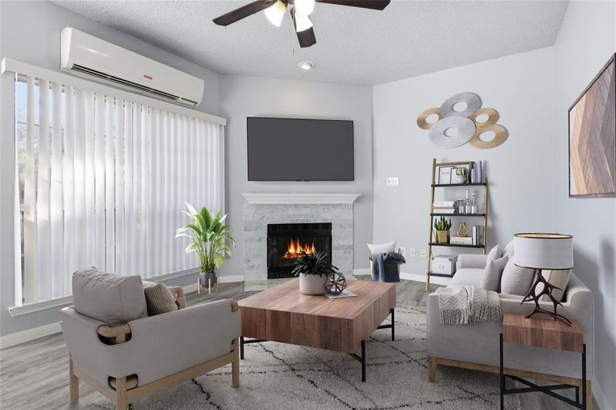 Welcome home to this bright and inviting one-bedroom condo, perfectly situated just minutes from DFW Airport. Step inside to discover new luxury vinyl plank flooring, fresh paint, and a cozy wood-burning fireplace that creates a warm and welcoming atmosphere. The kitchen, overlooking the living room, has been tastefully updated with quartz countertops, a stylish backsplash, and fresh paint—ready for your next culinary adventure. Enjoy your morning coffee in the light-filled breakfast nook with a large picture window offering a serene view of the pool. Step outside to your private, fenced-in back patio and yard—ideal for relaxing or entertaining. The spacious bedroom features a large walk-in closet and a newly updated bathroom for a touch of modern comfort. A convenient utility room off the kitchen provides space for a full-sized washer and dryer, adding to the condo’s functionality. Your designated covered parking spot is located just steps from the front door for easy access. Perfectly positioned near Las Colinas and DFW Airport, this condo offers quick access to dining, shopping, and entertainment—making it an exceptional place to call home.