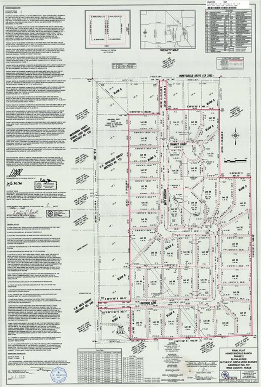 Honeysuckle Ranch is a new development in the heart of Paradise with excellent schools and small-town charm! Featuring 1-acre lots with Walnut Creek water, Wise Electric underground power, and asphalt county roads complete and ready for the builder of your choice. Honeysuckle Ranch is lightly restricted to protect your investment with no HOA! 1600 square foot minimum. exterior surfaces shall be brick, stone, or masonry siding, all other restrictions available upon request.