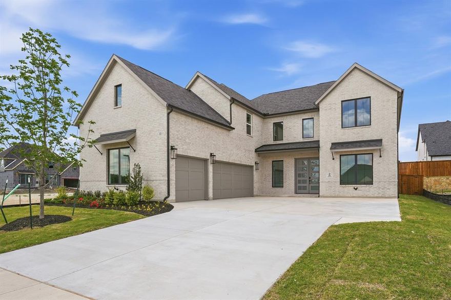 Popular open concept home features a dramatic two-story entry and family room with a fireplace. The two-story family room showcases a wall of windows that provides an abundance of natural light. Nail-down wood floors flow through the main living spaces, while plush carpeting adds warmth to the bedrooms and media room. The beautiful gourmet kitchen offers quartz countertops, upgraded built-in appliances, and a large walk-in pantry. The spacious primary retreat includes a generously sized bathroom with a beautiful freestanding tub, separate shower, and separate sinks and countertops. The primary bedroom, guest bedroom, and study are all located on the first floor. Upstairs, the game room and media room are situated together, creating an ideal entertainment space. Additional upgrades include box windows in the primary bedroom, family room, and game room. A covered back patio provides an inviting outdoor entertainment space.