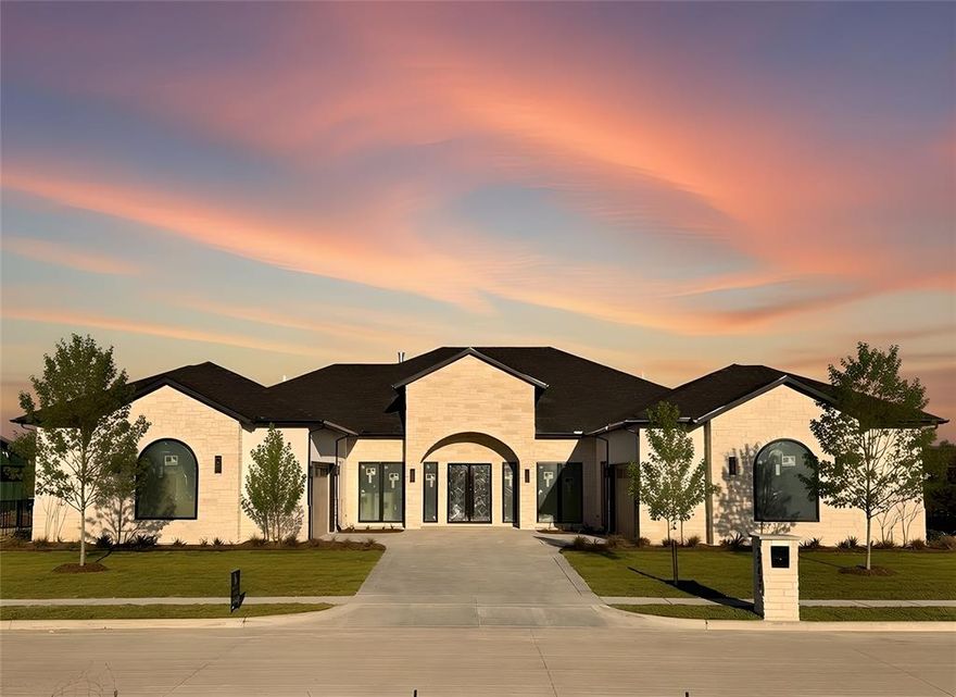 Best-Priced New Construction in Ridge Lakes – Now Under $2M. This completed, exceptional, single-story estate offers 4,808 square feet of thoughtfully designed luxury on an expansive .65-acre lot, blending refined craftsmanship with modern sophistication. Featuring four bedrooms, four and a half baths, and a rare four-car garage, the home is tailored for both elegant entertaining and everyday comfort. Upon entry, soaring 18-foot ceilings in the foyer and great room create a dramatic first impression, complemented by 12-foot ceilings throughout the rest of the home. Natural oak hardwood floors flow seamlessly through the living spaces, while custom white oak cabinetry, Italian tile selections, and Venetian plaster finishes showcase impeccable attention to detail. The gourmet kitchen is a true centerpiece, highlighted by a striking quartz waterfall island and counters, luxury appliances, and designer lighting. Dedicated spaces include a private office, a fitness room or second office, a formal dining room, and a media room complete with a wet bar—perfect for hosting gatherings. The primary suite is a private retreat featuring 13-foot LED tray ceilings, elegant arched vanities, a spa-inspired rain shower, and an expansive dream closet. Designed for modern living, the home is smart-home ready and prewired for whole-home audio, security cameras, and WiFi access points. Outdoor living is equally impressive with a covered patio showcasing an outdoor fireplace and kitchen, all overlooking a custom pool with a tranquil waterfall feature—an ideal setting for relaxation or entertaining year-round. $25,000 builder credit when using preferred lender. Rates as low as 4.99%.