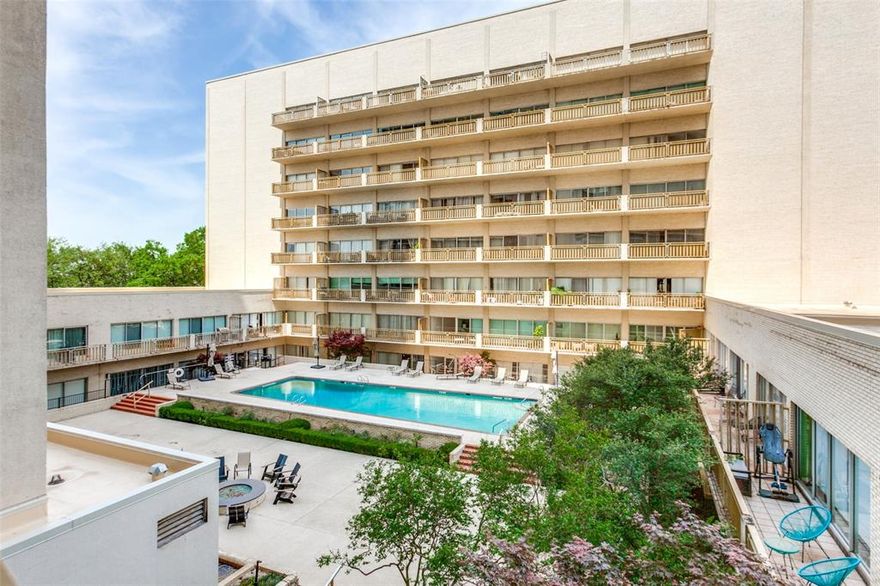 Light-filled 2-bedroom, 2-bath Preston Tower condo offers tree-top and pool courtyard views. For those who prefer lower-floor living, this 3rd-floor unit is ideally located to ensure short elevator rides and easy exits via end-of-hallway stairwells. Floor-to-ceiling windows span the spacious living and dining areas, opening to a 32-foot balcony. Just-completed improvements include the installation of natural-toned luxury vinyl plank flooring, replacement of baseboards, and new tile flooring in both of the nicely updated bathrooms. The unit features a versatile floor plan with a galley kitchen and ample closet space. The very desirable assigned parking space is conveniently located near the elevators on the main basement level. Many building upgrades have recently been completed, including a new fire alarm system, roof replacement, and refurbishment of the elevators and common hallways. Preston Tower offers the ultimate low-maintenance lifestyle with amenities such as round-the-clock front desk and basement attendants, fitness center, community room with kitchen and library, pool area with fire pit, basement laundry room, tennis-pickleball court, and a dog park. Various on-site services are located on the building's first and second floors, including a coffee shop and Bernie’s bar. The desirable Preston Hollow location is within walking distance of Preston Center shops and restaurants, with easy access to NorthPark, Preston Royal, US-75, and DNT. Monthly HOA dues are fully inclusive and cover all utilities, HVAC maintenance, and high-speed internet service.