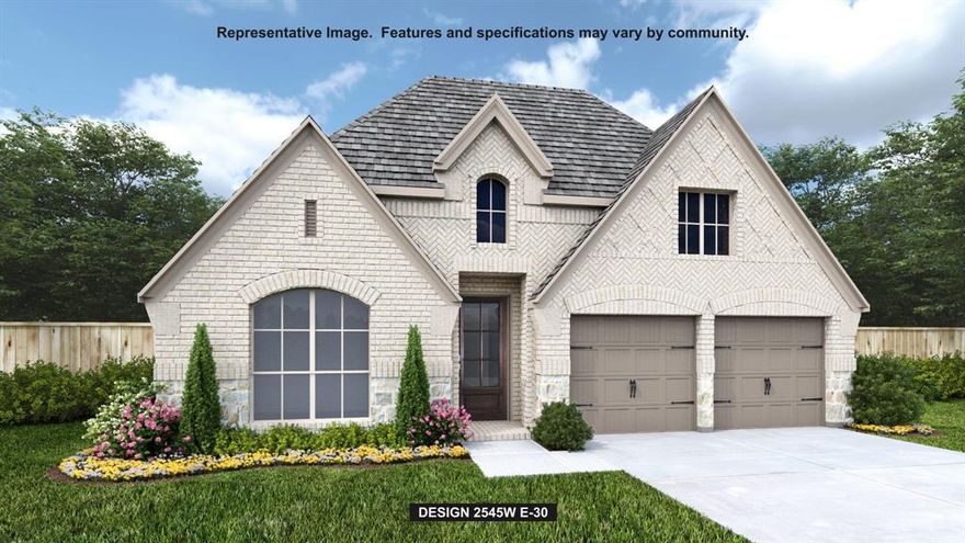 Extended entry with 13-foot ceiling leads to open kitchen, dining area and family room. Kitchen offers generous counter space, a 5-burner gas cooktop, corner walk-in pantry and inviting island with built-in seating space. Dining area flows into family room with wall of windows and a wood mantel fireplace. Game room with French doors just across from kitchen. Primary suite includes double-door entry to primary bath with dual vanities, freestanding tub, separate glass-enclosed shower and two large walk-in closets. Secondary bedrooms feature walk-in closets. Covered backyard patio. Mud room off two-car garage.
