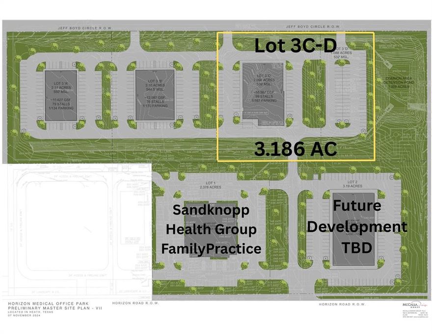 Prime location! (3) Three building sites (pad ready) located in the Heath's Horizon Business & Medical area already zoned commercial with all utilities on site. Located at Horizon & FM 549 (Buffalo Way) one of the main thoroughfares between Heath & Rockwall & just 2 miles from the Texas Health Hospital  which offers a close and convenient proxomity to most other medical services & specialties.  Nearby is Baylor Medical Plaza & these three sites are directly ajacent to the nearly complete 18,000SF Dr. Sandknop's Family Medical Practice, A Cardiology Group & a medical labratory as well. Zoning allows for office and retail as well. The availability of land that is aleady zoned and ready to go in the Rockwall & Heath area is virtually non existant. Survey's available.