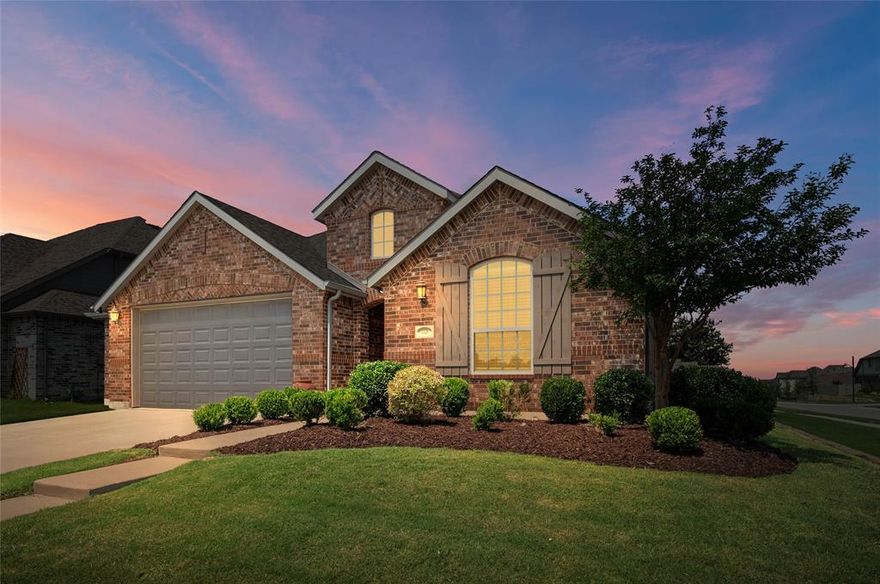 This is a Highland Home! It does not get any better than that! 4 Bed 3 bath, one story, corner lot in amazing Harvest Community. Bright airy residence boasts open floor plan, seamless flow ideal for hosting family & friends. Beautiful wood flooring throughout living area & abundant natural light. Stunning gas log stone fireplace provides warm inviting ambiance. Expansive kitchen island with natural stone countertop & counter seating topped with stylish pendant lighting. Stainless steel appliances including gas range. Spacious office perfect for working from home. Primary suite overlooks the backyard & includes an ensuite bath with spacious shower & generous walk-in closet. 3 more bedrooms all with walk-in closets. Covered back patio ideal for relaxation in private backyard. Harvest offers amenities that other developments do not including pools, one just a stones throw away, coffee shop, events spaces, fitness, garden, parks, trails, fishing, dogs parks. Great opportunity waiting for U