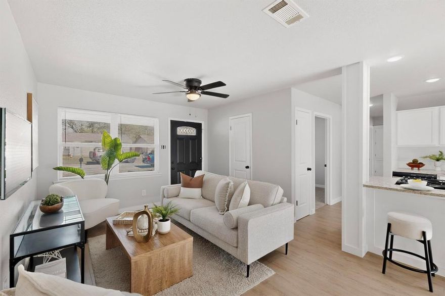 Welcome to this beautifully remodeled 3-bedroom, 2-bath home in the heart of Watauga. Fully updated from top to bottom, this residence showcases all-new interior finishes, modern flooring, fresh paint, and a bright, open layout ideal for everyday living. The redesigned kitchen offers granite counters, crisp white cabinetry, and seamless flow into the living and dining areas.The primary suite features a private ensuite bath with contemporary upgrades and a clean, modern aesthetic. Secondary bedrooms are well-sized with excellent natural light. Outside, the oversized backyard provides exceptional space for outdoor entertaining, play, gardening, or future enhancements. With its move-in-ready condition and thoughtful renovations throughout, this home delivers style, comfort, and convenience in a prime location close to shopping, dining, schools, and major highways.