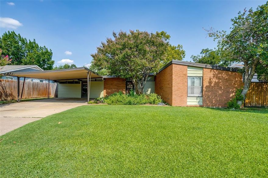 This mid-century modern treasure in South Hills, known for its friendly neighbors, is a hidden gem!  Very flexible floor plan with a variety of wonderful spaces and plenty of storage. The large bonus or second living room includes a custom built in laundry area and plenty of room for hanging out. Enjoy morning coffee in the north sunroom which is currently being used as an art studio washed in wonderful light from several skylights and a bank of windows. The Landscaping gives another nod to the continued care of the property with a sprinkler system in the front and backyard, perennial native Texas landscaping at the entrance, several large cultivated garden beds and mature shade trees along with a growing Japanese Maple

The primary suite has a walk in closet and a private bathroom, and hallway bathroom is updated as well! The commercial grade roof is less than 1 year old and the exterior highly durable steel siding and paint, August of 2025. Pull into a 2 car covered carport with an entrance in the bonus room.  Less than 15 minutes south of the Cultural District, 10 minutes to TCU, and less than 10 minutes to many stores, charter and private schools near the Hulen area. It is just north of I-20 making work commutes or road trips a cinch.