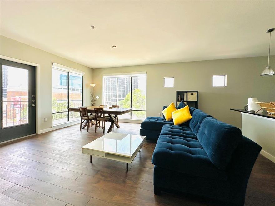 Modern corner unit with spacious, open floor plan and floor-to-ceiling windows! Kitchen has stainless steel appliances with a large quartz island and room for multiple barstools. 
Primary bedroom has an attached dual-vanity bathroom with walk-in closet and balcony. Guest bedroom also has walk-in closet and balcony. Washer and dryer included. Two assigned parking spots are conveniently right next to the elevator. Resident's common area includes fitness center, clubhouse, outdoor lounge with grills, and pet area! Centrally located close to SMU, Knox-Henderson, Greenville Ave, Uptown, Hwy 75 and White Rock Lake.Some furnitures can be bought .