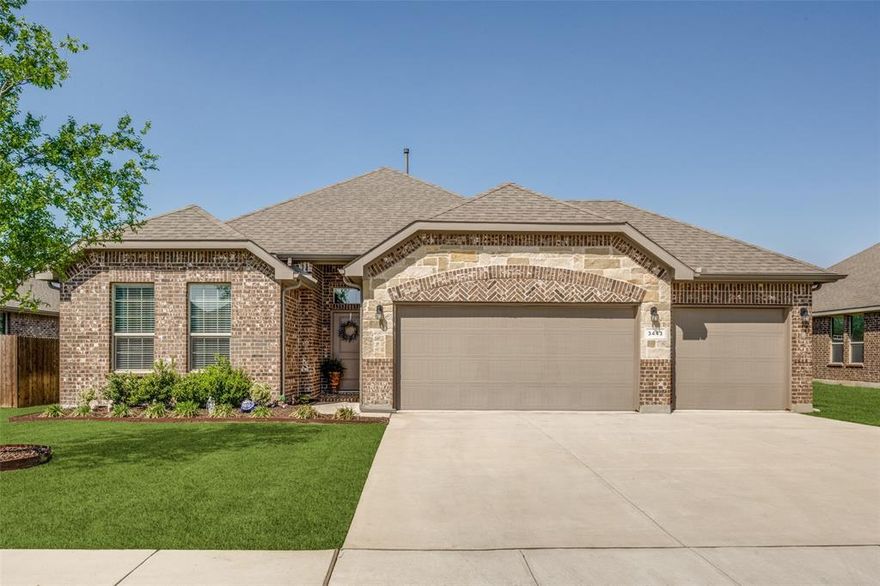 Bring on the Friday night lights and small town homey feel in charming, friendly, and quiet Fowler Farms! This 4 bed, 2 bath home is entirely floored with durable and easy to care for wood-look porcelain tile, complete with a spacious and welcoming entry, charming kitchen, light and bright dining and living areas and fresh interior paint. The attractive and functional kitchen offers granite countertops, under counter lighting, beautiful brick backsplash, brick island facing, stainless steel appliances, gas cooking, and an oversized island. The primary suite includes an oversized walk-in closet and an ensuite primary bath complete with a dual sink vanity, separate shower and a garden tub. Split from the primary suite are three bedrooms and a second full bath that provides an oversized vanity and plenty of storage space. The three car garage is as useful as it is hard working and offers a plentitude of storage and parking.  Brick on all four sides of the home and fresh new landscaping in the front flower bed. This home has no back neighbors and is in very close proximity to Dodd Elementary, Krum Middle School and High School, the historic Krum square, local shopping and wonderful local restaurants!