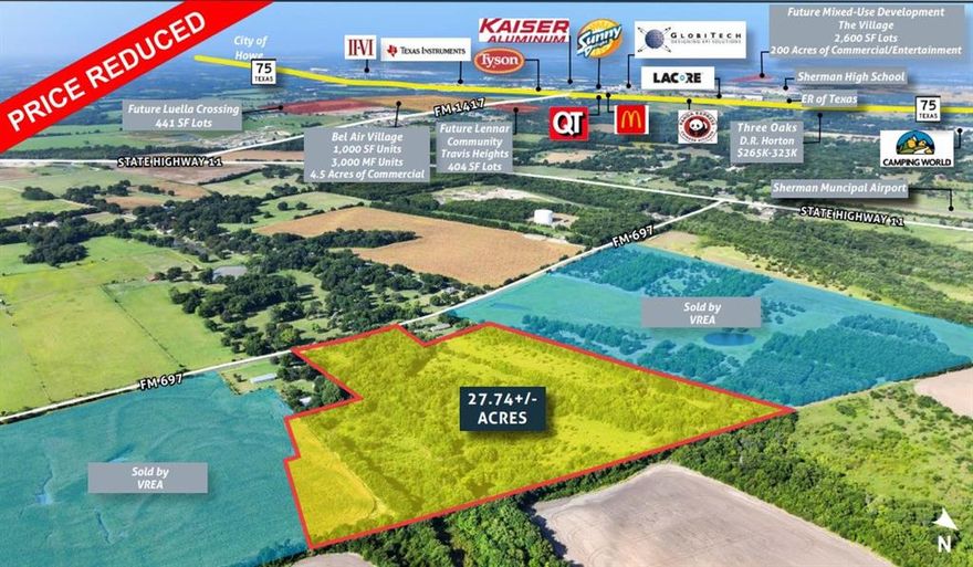 Vanguard Real Estate Advisors (“VREA”) has been exclusively retained by Ownership to offer qualified investors the opportunity to purchase 27.74+- acres (the “Site”) located along FM 697 in the Sherman ETJ. Located less than a mile east of State Highway 11 and approximately 2.5 miles east of U.S. Highway 75, the Site is in a great location to capitalize on the residential and commercial growth taking place in Grayson County. The Site is located within the Sherman ETJ and is not currently zoned, which allows for a variety of potential uses such as single family, manufactured housing, self storage, RV park, and more. The Site represents a unique opportunity to take part in the exponential growth currently taking place in Sherman.