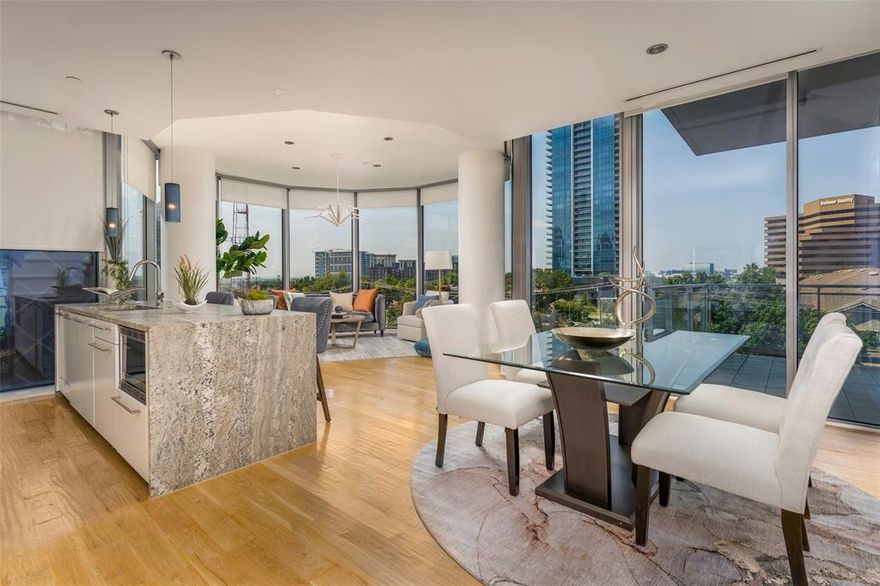 The Azure - One of Dallas’ Premier Luxury Uptown High-Rises. This stunning corner unit 404 boasts a beautiful open floor plan with a large balcony connecting the living room to access both the guest and primary suites. With stunning western facing sunset views, this fully updated kitchen is truly a chefs & entertainers delight, which includes a Waterfall Leathered Granite island, cabinetry, paint, Miele Appliances & contemporary lighting, and stunning nail down white oak hardwoods through out. The primary bedroom and bathroom welcomes you to a gorgeous walk in shower, deep soaking tub with glass and a true large walk in closet. Unmatched amenities and service include 24-hour concierge, resident valet service, fitness studio, infinity pool, social room, outdoor kitchen, massage room, and more. Unit comes complete with a private two-car garage P4-#160 and private storage unit P4-144. This is a must see premier condo!
washer & dryer to remain