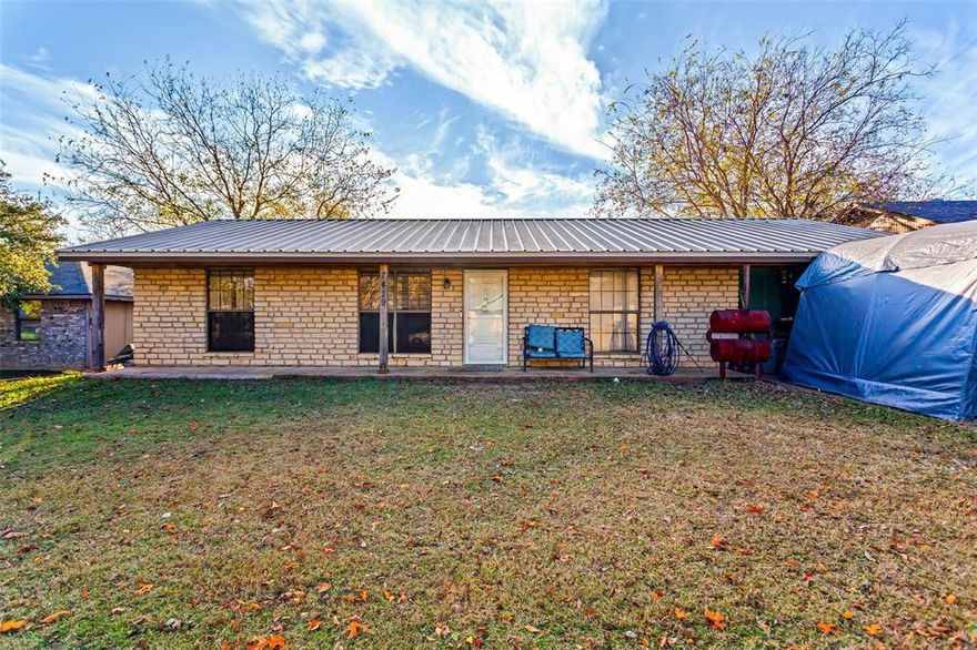 Great brick 4 bedroom 2 bath home on large lot with no HOA! Conveniently located close to the high school and the Historical Granbury Square. Features a metal roof, upgraded primary bathroom and kitchen, large lot with mature trees and a brand new 10x8 storage shed. A newly poured 10 ft slab across the back of the home will allow you to create the outdoor living area of your dreams. Seller has all new metal for porch and is willing to leave.  The garage has been converted into a bedroom-flex room, the inside of home has been recently painted, new water heater and the AC was replaced in 2023. Seller offering upto $5k SC for any repairs needed, rate buy down or closing costs with acceptable offer. This would make a great rental for investors or a first time home buyer. All information deemed reliable but not guaranteed, buyer and buyers agent to verify all info.