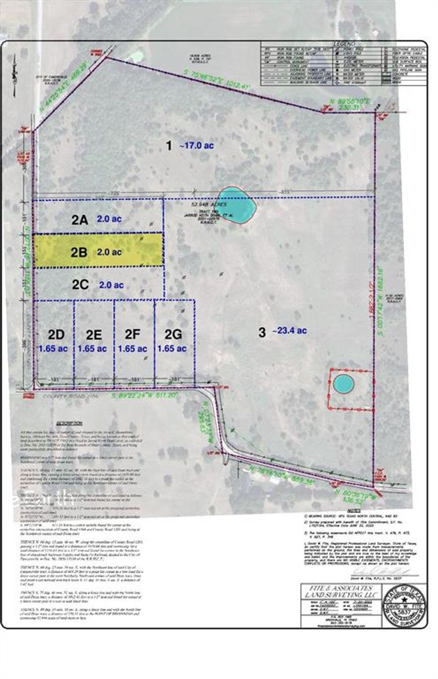 This 53-acre tract offers a unique combination of natural beauty, recreational access, and development potential. Located along the picturesque and historic Northeast Texas Trail—adjacent to the Chaparral Bike Trail and a short drive from downtown Farmersville—this property is a haven for nature lovers and investors alike. Enjoy abundant wildlife, open native pasture, and lightly treed areas with sandy loam soil. The land is level, fenced, and includes two stock ponds. It is AG-exempt with no deed restrictions, offering flexibility for a variety of uses. Per survey, around half of the property is bordered by road and trail frontage, providing excellent access and subdivision potential: 1,803 ft. on CR 1104; 1,156 ft. on CR 1201; 469 ft. on the trail. Utilities include water and electricity available at the road (buyers to verify availability and access). The property is bordered by luxury homes, enhancing its appeal and future value. Whether you're seeking a private retreat, agricultural use, or development opportunity—this property checks all the boxes.
This listing represents Parcel 2B: 2.0AC of the 53-acre tract and is ideal for agricultural, residential, recreational, or development use.
Additional listed tracts are available, including 1.65-acre, 2.5-acre, 17.3-acre, and 21.6-acre plats. Pricing: Parcel 1 – $544,000; Parcels 2A, 2B – $110,000 each; Parcel 2C – $114,000; Parcels 2E, 2F, 2G – $94,050 each; Parcel 2H, 2I – $55,000; Parcel 3 – $678,600. Custom configurations available upon request. Note: The subdivision plan is proposed and not yet platted. Once the buyer is committed to a location and final parcel size, the plat plan will be done prior to closing.