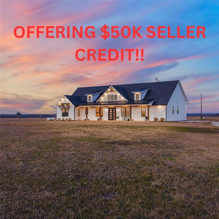 SELLER IS OFFERING A $50K SELLER CREDIT!! Allow your dreams to become a reality on land where the possibilities are truly endless. This 26.5 acre AG EXEMPT property offers the rare flexibility to build multiple homes, create a family compound, or design the private retreat you’ve always envisioned. The land is unzoned and features multiple electrical services with three 200AMP breaker panels, providing ample capacity for an oversized garage, workshop, or ADU. A large aerobic septic system, private well with automatic pump system, RV septic hookup, and propane tankless water heaters provide low maintenance utilities. Escape to the perfect blend of luxury and country living with this stunning modern farmhouse, set amid sweeping hay fields and a serene, stocked pond. The expansive front porch create unforgettable curb appeal from the moment you arrive. Inside, soaring vaulted ceilings, sun filled spaces, and an impressive open layout welcome you home. With 4 spacious bedrooms and 4 beautifully designed bathrooms, there’s room for both everyday comfort and effortless entertaining. Oversized windows frame countryside views and flood the home with natural light, seamlessly connecting indoor and outdoor living. Every detail reflects rustic elegance, from warm finishes to airy, flowing spaces. Step onto the back porch to savor peaceful mornings, evenings, and uninterrupted views of your private acreage. The land is fully fenced ideal for cattle, horses, or recreation. Productive hay fields support the ag exemption, adding long term value and tax benefits. In addition to the tranquil setting, you’re just minutes from Gainesville and I-35, with convenient access to dining, shopping, and daily essentials. Plus, you're near Lake Ray Roberts and less than an hour from Lake Texoma. Whether you’re seeking a full time residence, weekend escape, or multigenerational homestead, this property delivers a rare opportunity to live beautifully and freely under wide open Texas skies.