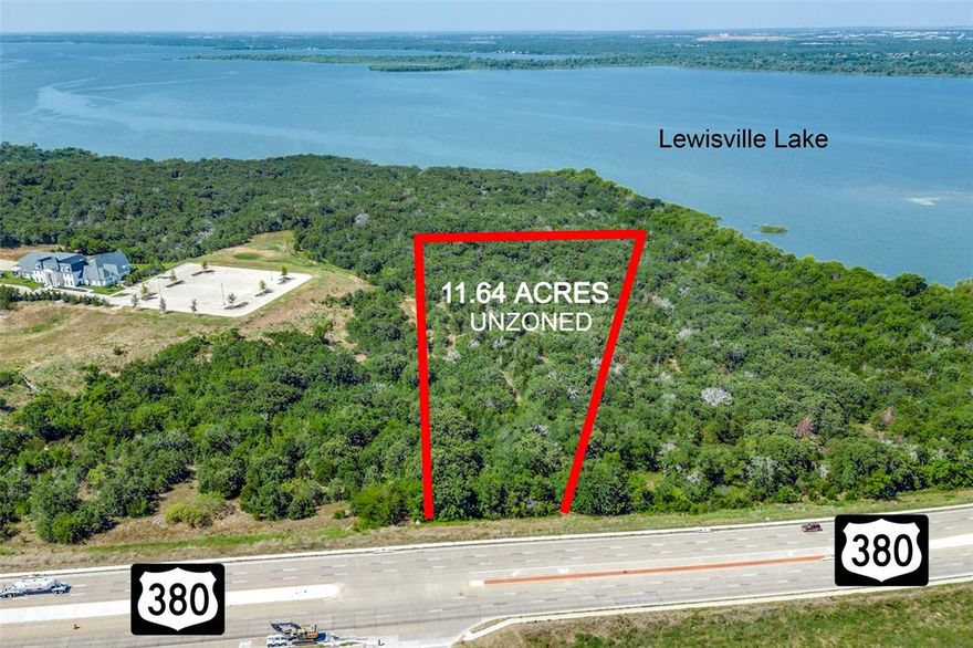 Rare opportunity to develop nearly 12 acres in the ETJ along the north shore of Lewisville Lake that can be accessed directly from Highway 380. Stunning lake views - build your dream development with no zoning restrictions.