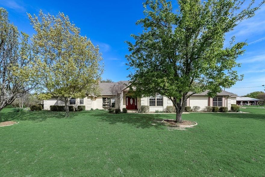 Great mini ranch in Quinlan and near Lake Tawakoni! Large brick home with four bedrooms, three barthrooms, two living areas and 3 car garage.  Home features a fireplace, split bedrooms, formal dining with an abundance of cabinets, and large master that includes an office or workout area. Home has several updates. Home sits on 9 +- acres, pipe fencing and smooth wire.  Nice pond in front pasture,  23x81 Pole Barn, 16x24 equipment  shed, wood workshop,  horse barn with four stalls, each with water and electric, wash station and break area. Horse walker and round pen. Property currenty has ag exemption.  Front and back porches with sidewalks. Water well for on property! All information is approximate,  buyers agent and buyer to verify.