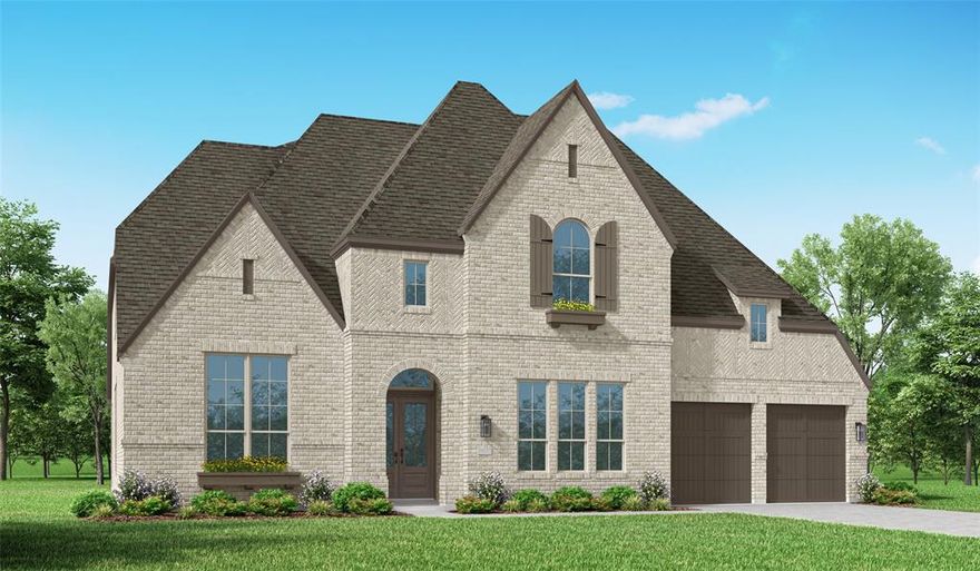Grand double doors open to soaring ceilings and a sweeping staircase, setting the tone for this stunning Highland Homes plan on a desirable corner lot. Entertain effortlessly in the gourmet kitchen and vaulted family room with fireplace, flowing seamlessly to the oversized patio with sliding glass doors. The extended primary suite offers a spa-like retreat with a freestanding tub. Thoughtfully designed with expanded secondary bedrooms in lieu of a lifestyle room, each with en-suite baths, plus a game room and media room. Complete with a 3-car garage featuring a 16' door and additional storage. where elegance meets everyday living.