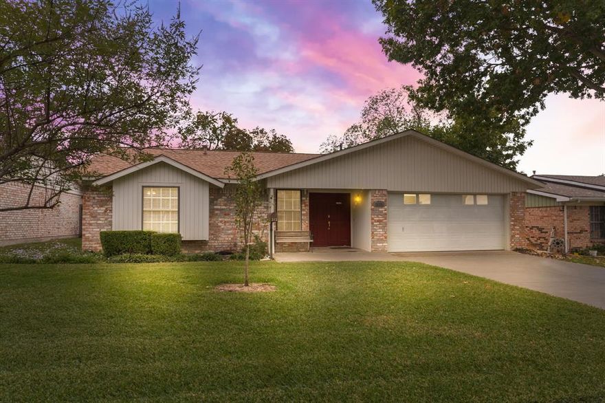 Impeccably maintained home located in pristine neighborhood minutes from Dallas and shopping. Enjoy your family evenings in the cozy den with brick fireplace, gas logs, open floor plan and natural light from skylight. Breakfast area with built in cabinets for display and storage. Open kitchen with breakfast bar and serving space ideal for indoor holiday gatherings or backyard bbq with pass through window. Yard is lush with St Augustine grass, blossoming crape myrtles, Bradford pears for year round relaxation in backyard under oversized covered patio. Two full baths. Primary ensuite with shower and guest bath with jetted tub. Foundation sprinkler. Garage with washer, dryer hookups and wall storage, small lighted workspace, attic access. GAF Roof 2011, Foundation 2014 and 2023; 8 total piers with transferrable warranty.