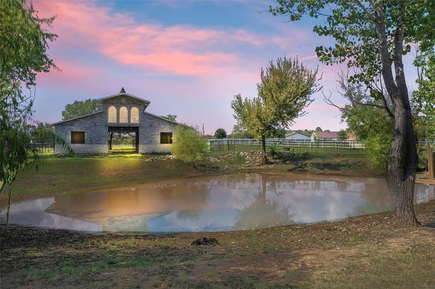 Amazing HORSE ESTATE in prestigious Copper Canyon North of Dallas near Lake Lewisville! FAIRYTALE Stable & GORGEOUS Custom Home, USDA Registered Ag Property. Welcome to your dream equestrian retreat near Lake Lewisville’s scenic riding trails! This stunning on 166,181.4 sqft lot of 3.815 acres. Registered ISDA Agricultural property, features both a luxury home w a Stable for horses, both located on a portion of Lot 6, Canlyn Hills addition. No HOA, Deed Restricted Single-Family Residence surrounded by beautiful neighbor homes. EQUESTRIAN DREAM! This property comfortably accommodates up to 5 horses! 5 beautiful 14x14 stalls, Tack room, Wash rack, spacious ground-level storage area for hay bales & equipment. Stable built on an extra deep foundation, solid steel frame, masonry block, stone & brick exterior, plus custom iron stalls designed for happy horses able to hang their heads out for petting and treats. Fully fenced property w professional-grade pipe & cable fencing designed specifically for horses. Shady trees, charming pond, plus 120 ft deep irrigation well. New stable roof deck w premium shingles 2024. GORGEOUS HOME Full custom Grade-A build which feels like a year-round vacation! Open-concept design perfect for entertaining. Grand living room w marble entry great for holidays & small weddings. Plenty of Large windows w high ceilings provides breathtaking views of the pond & property. Primary suite has a sitting area w a luxurious “Romeo & Juliet” dual shower, whirlpool tub, & separate bidet. Spacious kitchen designed for practical cooking & hosting, opening to a stylish back patio. Large laundry room w pass-through cabinetry to the primary closet. The oversize garage w windows was designed as a game room w 11ft high tray ceiling, walls are insulated, w four sets of large double windows, easily convertible back to a game room or bonus space. Site for a separate garage or workshop next to the private irrigation well. New roof 2024. Video & 3D tour available!