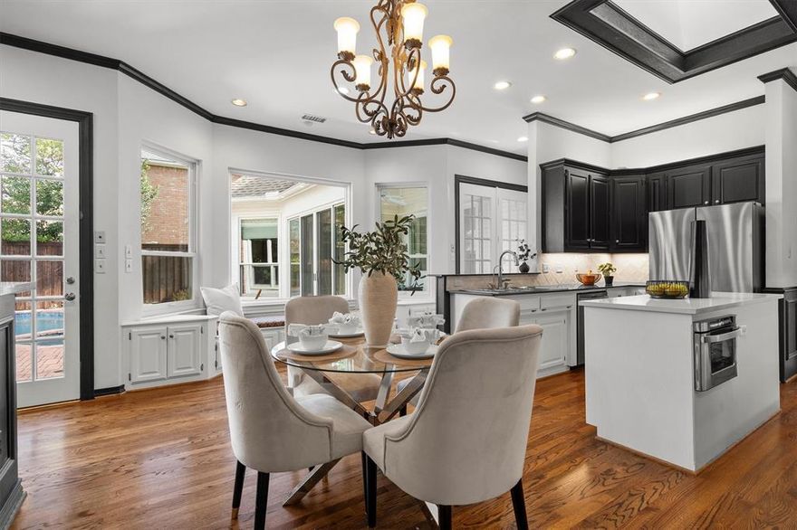 Custom Elegance Meets Everyday Luxury in Bent Tree West! Welcome to this beautifully crafted single-story home nestled in the heart of North Dallas, where timeless design meets modern convenience. Ideally located minutes from George Bush Turnpike & Dallas North Tollway with easy access to premier dining, shopping, Dallas destinations & walking distance to school & community park. Designed for comfortable living & entertaining, this home offers 4 bedrooms, 3 baths, 2 living areas, 2 dining areas, 3 fireplaces, a sunroom & wet bar. Wood floors, Plantation shutters, Venetian plaster, marble, quartz…all upscale finishes throughout reflect quality craftsmanship. The updated chef’s kitchen features quartz countertops, stainless steel appliances & generous cabinetry. Refrigerator is included. The private primary retreat includes a spa-like His & Hers bath with separate shower & jetted tub. The split-bedroom layout provides privacy with a dedicated guest suite. Updated windows! Oversized laundry room! Then, step outside to your own backyard oasis featuring a sparkling pool & spa, perfect for relaxing weekends or entertaining under the Texas sky. Circular drive & canopied trees frame this exceptional home. It’s a lifestyle of comfort, elegance & convenience in one of North Dallas’ most desirable communities.