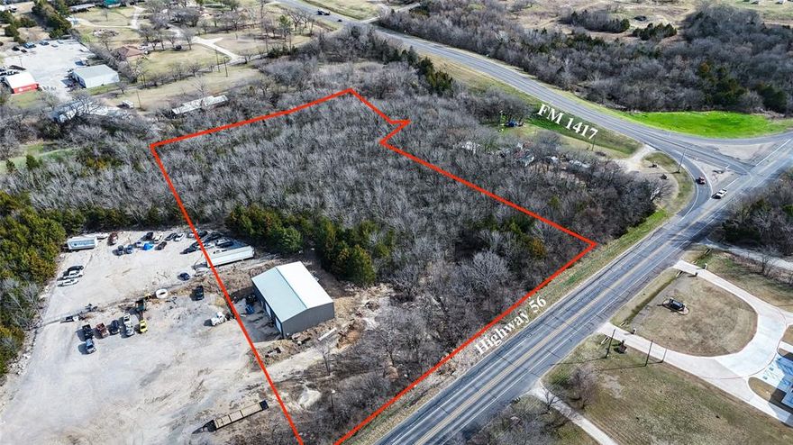 7.36± acres positioned in Sherman’s accelerating industrial corridor, minutes from the Texas Instruments and GlobiTech mega-campus development arc. Outside city limits, this site offers a cleaner execution path for yard-centric industrial users who prioritize speed, control, and expansion runway. The property delivers approximately 462 feet of Hwy 56 frontage, providing immediate visibility and access advantages for contractor headquarters, fleet operations, and logistics support. Improvements include a 3,750 SF metal warehouse shell built in 2022 with approximately 15 to 20 feet clear height, providing a Phase I core for shop and office build-out while preserving the acreage for a secured equipment yard. Tree survey already completed and available upon request.