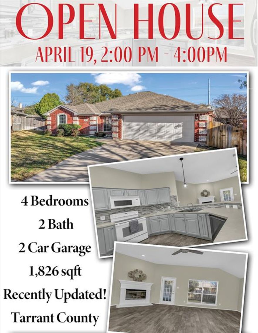 Tucked away on a quiet cul-de-sac, this beautifully maintained 4-bedroom, 2-bath home offers comfort, style, and a fantastic location. Step inside to discover an inviting open-concept layout with tall ceilings that create a bright and spacious feel throughout the main living areas. The living room serves as the heart of the home, featuring a cozy fireplace that adds warmth and charm—perfect for relaxing evenings or gathering with family and friends.
This home has been thoughtfully updated with fresh interior paint, new carpet, updated fixtures, and a stylish kitchen backsplash that enhances the kitchen’s modern appeal. The open design allows the kitchen to flow seamlessly into the living and dining areas, making it ideal for both everyday living and entertaining.

The spacious primary suite and three additional bedrooms provide plenty of flexibility for family, guests, or a home office. Outside, enjoy the privacy and low traffic of cul-de-sac living while still being conveniently located near shopping, dining, and major commuting routes.

Located within the highly sought-after Eagle Mountain ISD, this home combines excellent schools, a great neighborhood setting, and move-in-ready updates—making it a wonderful place to call home. Txt keyword ZEAL5 to 88000 for Virtual Tour & more!