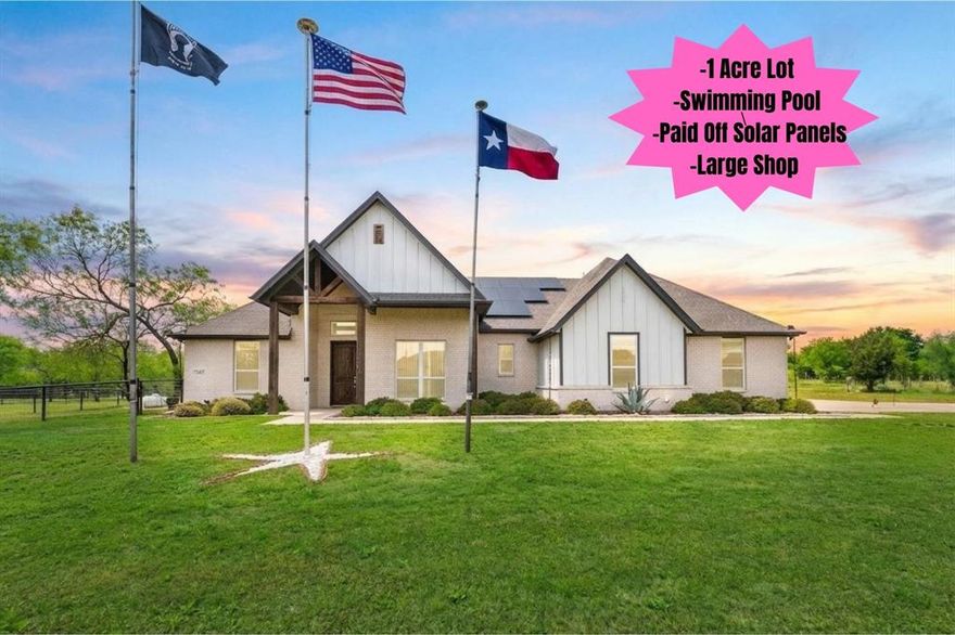 Welcome to this well-maintained 2021-built home on a fully fenced 1-acre lot featuring over $200,000 in upgrades. This move-in ready property offers modern features, functional space, and valuable upgrades with no HOA and located outside city limits. The home includes PAID OFF Solar Panels, providing energy efficiency and significant savings on electricity. Inside and out, the property has been meticulously cared for and is in excellent, turn-key condition. The backyard features a custom-built pool with a large tanning ledge and attached hot tub, along with a covered patio area ideal for outdoor entertaining. A standout feature is the 30x60 custom metal building equipped with a 14-foot roll-up door and two 30-amp RV hookups. This versatile space is perfect for RV and boat storage, a workshop, or could be converted into a guest house, or pool house. Located in a quiet rural setting with convenient access to nearby towns and interstate highways making for an easy commute into the DFW Metroplex, this property combines country living with modern convenience. Ideal for buyers seeking a home with land, pool, shop, RV storage, and energy-efficient features. Schedule your private showing today—this one won’t last long!