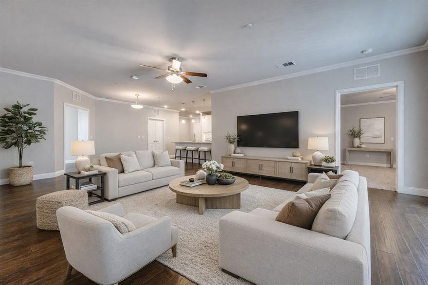 ***Priced below the comps for Quick Sale***Experience effortless living in this stunning second-floor condo at The Gatherings at Mercer Crossing—a premier 55+ community just minutes from Las Colinas. With only three buildings and about 80 residences, this intimate neighborhood offers a warm, connected feel along with top-notch amenities including multiple fitness centers, a sparkling pool, clubhouse, and social activities. Inside, you'll love the open-concept design filled with natural light and elevated by luxury finishes—quartz countertops, rich hardwood flooring, and designer lighting throughout. The spacious layout includes a dedicated laundry room with room for full sized washer and dryer, abundant storage, and a private balcony complete with storage closet and water heater enclosure. The serene primary suite boasts a custom walk-in closet and a beautifully designed, wheelchair-accessible bath with a large shower and built-in vanity. Enjoy the convenience of garage parking with space for shelving and additional storage. Take in the community’s peaceful ambiance with lakeside walking trails, pocket parks, outdoor grilling areas, and even a greenhouse. This is low-maintenance luxury living at its finest. The garage is on the west side of the building.