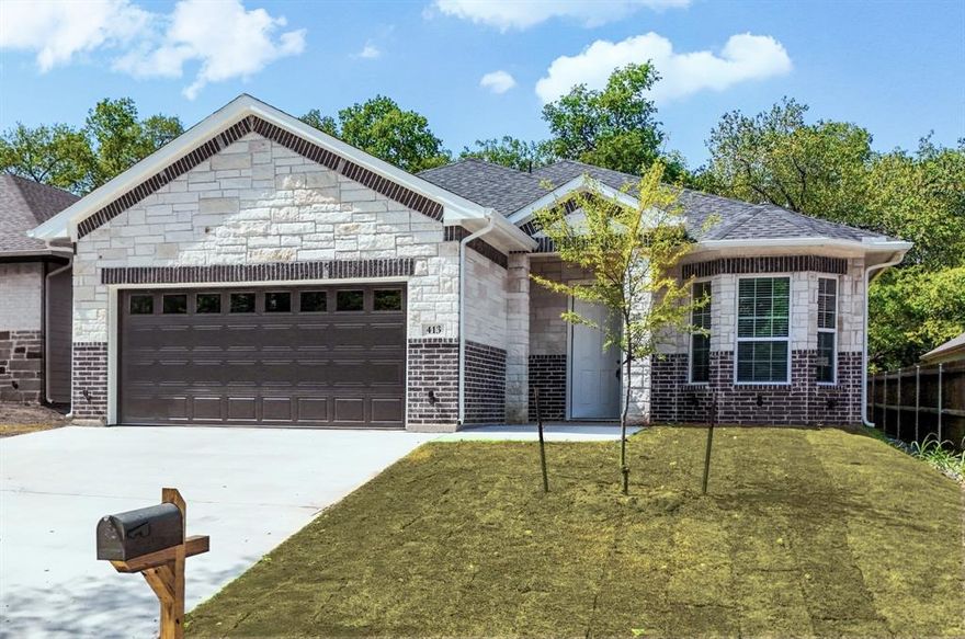 Own this LUXE new construction home of brick and stone with ALL the extras for less than rent. The thoughtful layout is exemplary with tray ceilings, elegant cutouts, recessed lighting, USB-integrated outlets, premium fixtures, remote-controlled lighting, and HGTV finishes. Coordinating white crown molding, 8ft doors and 10ft -11ft ceilings throughout. Modern construction methods ensure energy efficiency without compromising on style. The kitchen impresses with tall soft-close custom cabinetry, stunning granite countertops, window over sink, stainless appliances—including a refrigerator. Sodded yard with privacy fence and planted oaks. Expansive covered patio perfect for relaxing and entertaining. With its thoughtful upgrades and and serene setting, this home offers a rare combination of comfort, elegance, and functionality. Secluded-feel location, walking distance to an expansive city park. Minutes to preferred amenities and downtown square. Builder will buy down your interest rate and more.