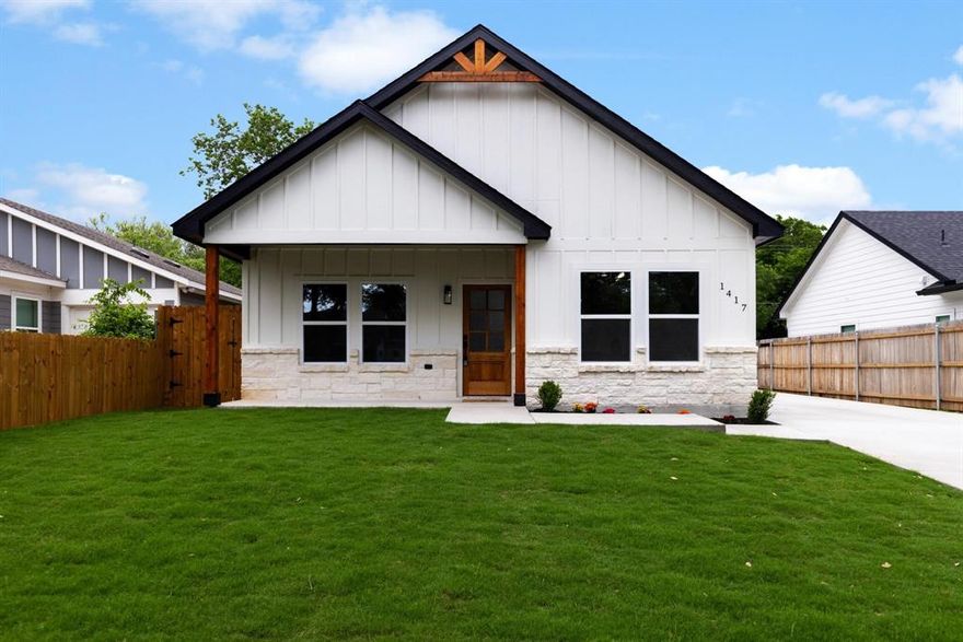 Welcome to this beautifully crafted new construction. 
From the moment you arrive, the striking curb appeal sets the tone with its crisp white board-and-batten exterior, natural wood accents, and inviting covered front porch.

Step inside to an open-concept layout filled with natural light and a seamless flow perfect for both everyday living and entertaining. The living space is thoughtfully designed with a clean, modern aesthetic, highlighted by a tray ceiling, designer lighting, and a calming neutral palette.

The kitchen is the heart of the home, featuring sleek quartz countertops, custom cabinetry, a spacious island, stainless steel appliances, blending function and beauty effortlessly. Adjacent dining and living areas create a cohesive space ideal for gathering.

Retreat to spacious bedrooms designed for comfort and simplicity, while the bathrooms offer a spa-like feel with elevated finishes and attention to detail. The master bedroom features an accent wall, adding depth and character to the home’s modern design.

Situated on a generously sized lot with a long driveway and ample outdoor space, this property offers both privacy and convenience. 
Located just minutes from Downtown Fort Worth, the Medical District, and major highways, you’ll enjoy easy access to dining, entertainment, and everyday essentials.