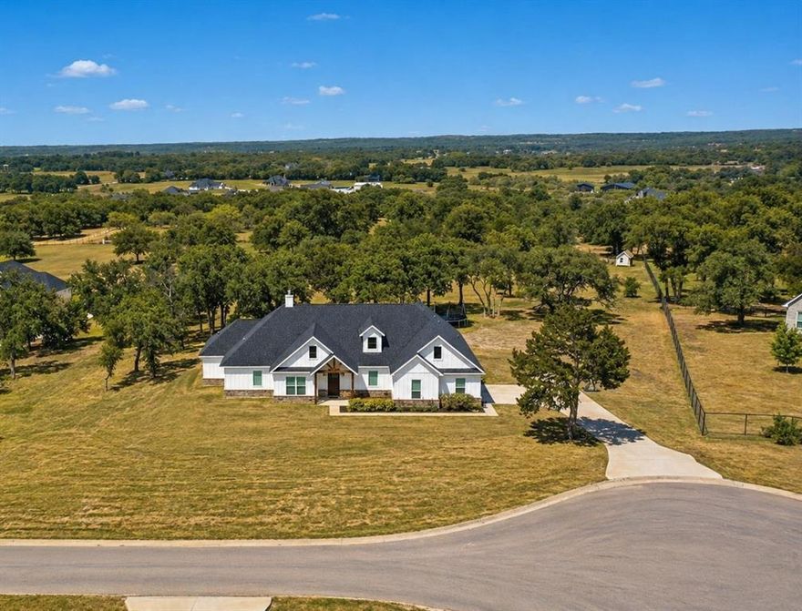 Tucked away toward the end of a quiet CUL-DE-SAC in AVIARA RIDGE, this modern Farmhouse sits on 2.227 acres in the highly sought-after PEASTER ISD. With an OPEN LAYOUT, this 4 Bed, 3.5 Bath home offers a functional design, where all 3 secondary bedrooms are thoughtfully arranged around a central GAMEROOM (or 2nd Living Area)- creating the perfect space for gathering, relaxing, and entertaining. A TWO-SIDED GAS FIREPLACE creates a striking focal point, connecting the main Living Area and Gameroom, while a WALL OF WINDOWS in the spacious Living Area showcases the LARGE, SCENIC BACKYARD that features MATURE TREES and sometimes even spottings of wildlife. The heart of the home is the stunning Farmhouse-style kitchen, thoughtfully equipped wtih a GAS COOKTOP, DOUBLE OVEN, ICE MAKER, POT FILLER AND FARM SINK, making this kitchen both stylish and highly funtional. Enjoy the PRIVACY and SPACE that country living has to offer- all while being less than 15 miles from downtown Weatherford. The Ric Williamson loop also makes for an easy commute to the metroplex! 309 Aviara Ct. is a MUST SEE!
