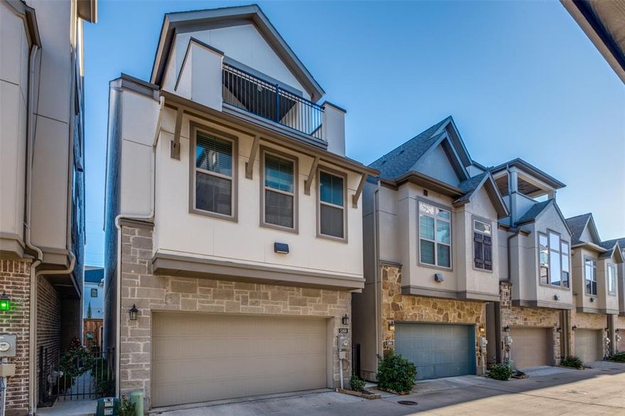 Set on a quiet street in Oak Park Gardens, 5168 Brickellia Drive delivers contemporary living with thoughtful design across three levels. Built by David Weekley, this townhome offers three private bedrooms, three and a half baths, and more than 1,800 square feet of well-planned space. The main living level showcases rich hardwood flooring, a bright and airy layout, and a polished kitchen highlighted by custom tile backsplash, granite countertops, stainless steel appliances, and ample workspace, ideal for everyday living and hosting alike. Designer-selected custom wallpaper throughout the home adds character and a refined, elevated feel. The primary suite features a spa-inspired bath with dual vanities, a walk-in shower, and an oversized closet. On the top floor, a versatile bonus room opens directly to a private rooftop deck, creating the perfect setting for entertaining, relaxing, or enjoying city views. Residents enjoy a low-maintenance, lock-and-leave lifestyle with access to a community pool, clubhouse, and dog park. Located only one mile from the Dallas North Tollway, this home offers effortless access to Uptown, Downtown, Love Field, and some of the city’s top dining, shopping, and nightlife, making it an exceptional opportunity in a highly sought-after Dallas location.