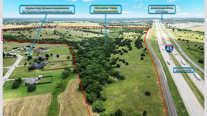 An exceptional opportunity at 6200 N Interstate 45 Service Rd, Ennis, TX 75119. With approximately 3,643 SF of frontage, this expansive unincorporated 132+-acre property is strategically situated in the vibrant and rapidly growing community of Ennis, just a short drive from the bustling Dallas-Fort Worth metropolitan area.  Located along I-45, a major highway within the Texas Triangle, a significant economic region makes it a sought after business thoroughfare nationwide. This 3 parcel property presents a unique canvas for visionary developers with vast open spaces, rolling terrain, and scenic views. Whether considering residential communities, commercial enterprises, or mixed-use projects, the possibilities are endless. The land’s ample size provides flexibility for large-scale projects while maintaining a serene and picturesque setting. Property includes two residential properties currently generating income as rental properties.