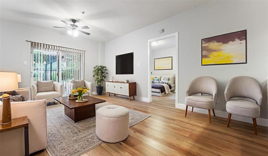 Back and Better Than Ever! Featuring brand new luxury vinyl floors and freshly painted interiors.  This beautifully updated first floor unit offers the perfect blend of modern comfort and everyday convenience. With an open concept layout, granite countertops, stainless steel appliances, and luxury vinyl flooring throughout, the space is both functional and stylish.  Step outside to serene courtyard views featuring a fig tree, resort style pool, and a charming pergola.  Enjoy a host of community amenities, including secure entry, a business center, and a well equipped fitness gym. HOA dues cover water, sewer, and trash.  The washer, dryer, and refrigerator are all included making this home truly move in ready.  Located within walking distance of H-Mart and close to shopping and dining, this home offers a perfect balance of peaceful living and urban convenience.