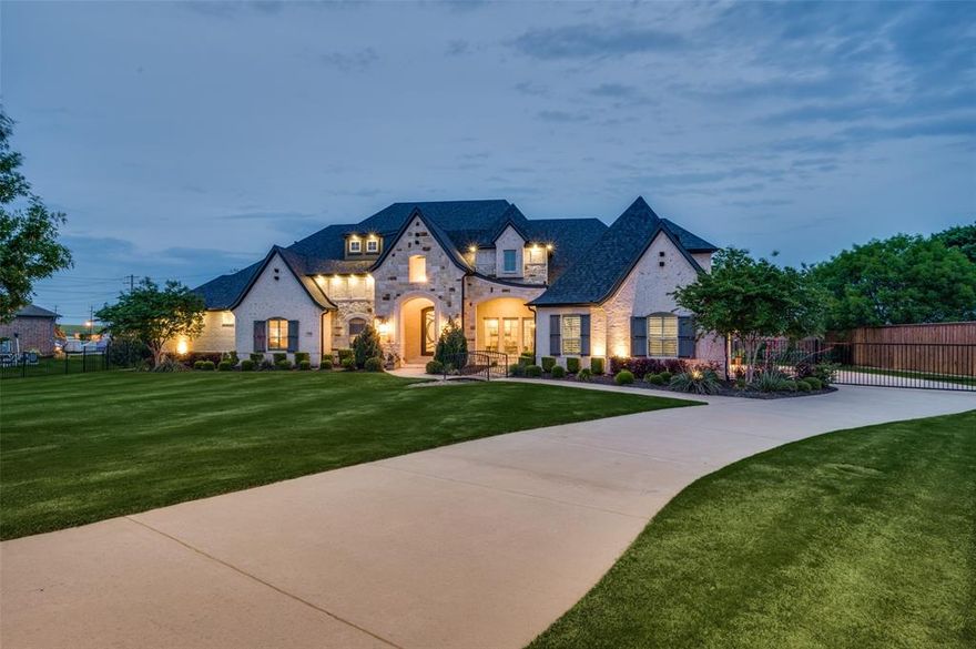 Step into luxury living with this exceptional single-story pool home located in the prestigious gated Christie Farms neighborhood in Prosper. Nestled on an expansive 1-acre lot, this stunning property boasts 5,673 SqFt of elegant living space, featuring a flowing floor plan ideal for both lavish entertainment and comfortable daily living. The home includes five spacious bedrooms, each with its own ensuite bath, plus two additional baths for convenience. Enjoy hosting family and friends in the game room, media room, and designated wine bar. There is also a beautiful office with a large storage closet. The heart of the home is the gourmet kitchen, equipped with top-of-the-line appliances, custom cabinetry, and a generous center island, which seamlessly opens to the inviting family room with metal doors and windows offering tons of natural light. The primary suite offers a serene retreat, complete with a spa-like en-suite featuring a soaking tub and a separate glass-enclosed shower. The oversized windows throughout the home provide breathtaking views of the lush, tree-lined acre lot, ensuring privacy and tranquility. Experience the essence of indoor-outdoor living with an expansive patio & outdoor kitchen that flows effortlessly from the main living area, perfect for relaxation or large gatherings. The meticulously landscaped grounds, including a pristine pool and outdoor living with accessibility to dining and entertainment options. The spacious 4-car garages are accessed through a gated driveway. Located in the coveted Prosper ISD, with Cockrell Elementary, Rodgers Middle School, and Walnut Grove High School nearby. Don't miss the opportunity to own this luxurious home in one of Prosper's most prestigious neighborhoods.