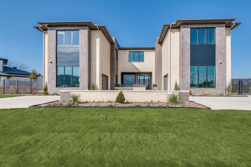 Striking modern-contemporary estate completed in 2023 by Calais Custom Homes, situated on a private .72 acre lot within Crescent Heights, one of Southlake's newest gated communities, just moments from Bicentennial Park. Designed with architectural intention and refined luxury, the residence offers 9,639sqft, plus 600sqft of covered private patio space.
A front courtyard and dramatic floating staircase create a stunning first impression, completed by polished porcelain floors throughout, all around glass railings, and soaring 25ft ceilings in the main living and dining. The home features 6 oversized bedrooms, 6 full baths, 2 half baths, 5 living areas, 2 dining areas, private study, exercise room with glass-door sauna, game room, media room, and a second floor coffee bar with kitchenette.
The chef's kitchen showcases paneled Sub-Zero refrigeration, Gaggenau cooking modules, double ovens, steamer, warming drawer, two Miele dishwashers, dual sinks, and extensive custom cabinetry. Over 15 slabs of Brazilian quartzite are featured throughout, including waterfall countertops and a dramatic quartzite fireplace.
Seamless indoor-outdoor living includes a covered outdoor kitchen and dining area with remote-controlled shades, firepit, and lounge space. Additional highlights include a fully automatic glass-door elevator, Pella windows, Lutron home automation, foam encapsulated insulation, a well for lawn and garden, and a 4 car garage. Zoned to exemplary Carroll ISD.
A rare opportunity to own a meticulously designed, amenity rich estate in the heart of Southlake!