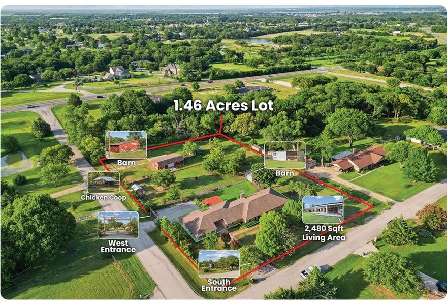 Price reduced to sell fast. Gorgeous Farmhouse in the heart of Lucas. Must see to believe!! A beautiful 1-story home nestled on a peaceful corner lot with 1.456 acres. Fall in love with Bamboo Wood floors, 2 spacious living areas & gorgeous updates throughout. Spacious family room is open to kitchen & offers wood-beamed vaulted ceilings, charming brick fireplace & built-in entertainment cabinet. Enjoy the view of Farm Animals from the kitchen and living room. Includes a Custom-built kitchen with granite countertops and stainless steel appliances. New Crapet in the Formal Living Room. The option of a 4th Bedroom or a Game room is ideal for gatherings, featuring a private half bath & plenty of space for a pool table. Updated owner's en suite features a seamless walk-in shower, dual sinks & jetted tub. Don't miss the amazing Farmhouse with an abundance of opportunities to raise Farm Animals, chickens & fruit trees on the property! No HOA, NO City Restrictions. Enjoy a peaceful life on a farm away from the hustle & bustle of the city. The property is about 3 miles East of the City of Allen & Supper Walmart Store. Minutes away from Lake Lavon parks, scenic horse trails, and ideal fishing and boating locations. The local schools in Lovejoy ISD are a premier district sought out by Families across the nation, consistently receiving both national and state recognition.