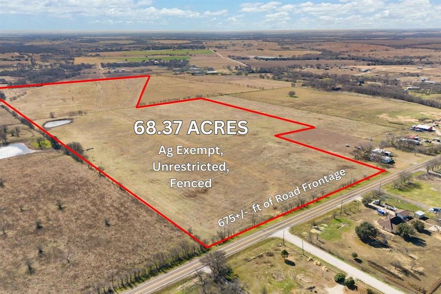 Discover 68.37 acres of prime Texas land ready for your vision. This beautiful tract is FULLY FENCED, CROSS FENCED, gated, FRESHLY SHREDDED for added convenience, and RECENTLY SURVEYED,  making this a no-brainer with fewer hurdles and less hassle from day one. Currently AG EXEMPT and UNRESTRICTED, it offers both functionality and valuable tax benefits.

With around 675 FEET OF ROAD FRONTAGE on FM 1807 and all utilities available at the street, the groundwork is already in place for your future plans. The land is FLAT and highly usable, ideal for a horse facility, custom home, family compound, or even future subdividing. A POND adds both character and practicality, while the open layout provides flexibility for barns, arenas, additional homesites, or continued agricultural use.

Enjoy the peace and privacy of country living while still being conveniently located just 40 minutes south of Fort Worth. Close enough to town for everyday conveniences, yet far enough away to truly escape the hustle and bustle.

Whether you’re looking to build your dream home, establish a horse property, or invest in land with long-term potential, this acreage offers the space, accessibility, and opportunity to bring your vision to life.

Come walk the property and imagine the possibilities!!