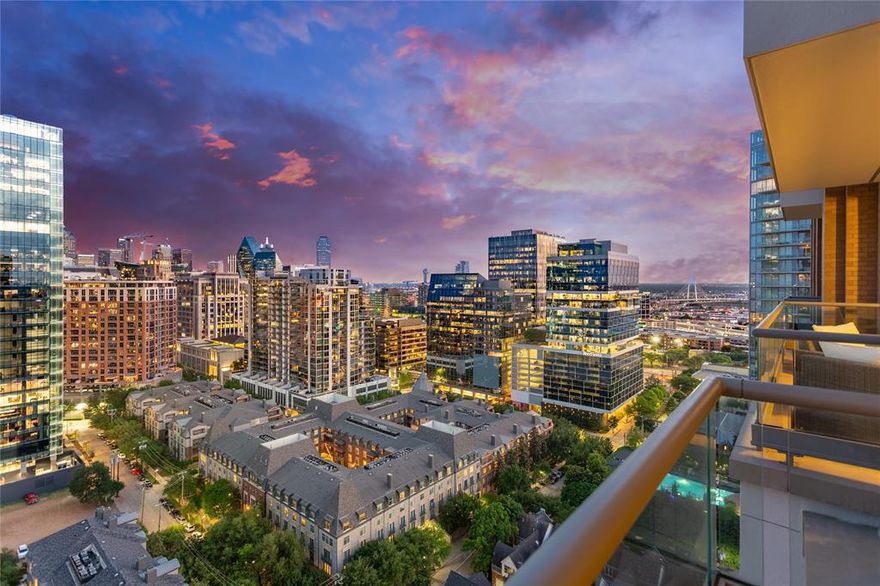 Residence 18A at The Stoneleigh Residences offers an exceptional opportunity to own a truly one of a kind home in the heart of Dallas. Spanning 4676 square feet, this stunning residence features two expansive balconies with breathtaking downtown views. The thoughtfully designed floor plan includes three spacious bedrooms, three full baths & a powder bath, along with a dedicated study. The open living areas stretch an impressive 51 feet, seamlessly connecting an elegant living space with an impressive Marrazzi Soho Gray fireplace wall, floating hearth & lighted display wall, a generous dining area with room for a 10-person table, a comfortable Media Area & a spectacular island Kitchen with Miele appliances, an adjacent Wine Room & Wet Bar for both everyday living and entertaining. The Primary Suite occupies one secluded end of the residence and boasts it's own large balcony, an expansive spa-like Primary bath with two large walk-in California Closets. Every detail showcases the highest level of contemporary finishes, creating a refined & sophisticated atmosphere throughout. Residents enjoy access to unmatched Five-Star amenities including a full service concierge & valet, an exclusive owners lounge, a private twenty person theater & a state of the art fitness center complete with country club style locker rooms with sauna & steam. Outdoor spaces are equally impressive, featuring a resort style pool with spa, an inviting outdoor living center with fireplaces & grills, & a beautifully maintained grand lawn perfect for pets & relaxation. Additional amenities include a  banquet room with seating for 100 guests, a service bar & a catering kitchen Bobby Flay would envy, making entertaining effortless. The Stoneleigh Residences is widely regarded as the most amenity rich building in Dallas, offering an unparalleled lifestyle of comfort, luxury, and convenience. In fashonable Uptown near Klyde Warren Park, Victory Park, The Crescent, Katy Trail & a myriad of restaurants.