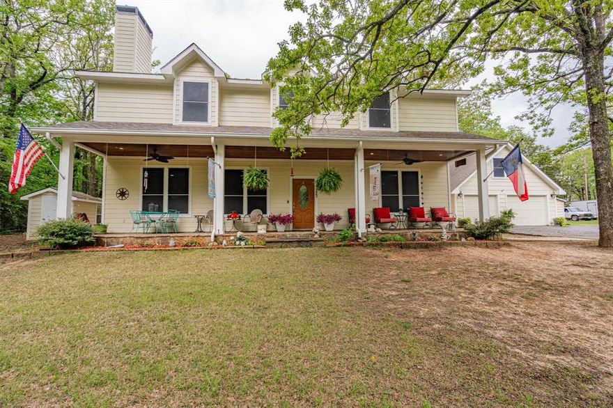 Discover lakeside luxury in this custom-built home nestled on a 1 acre corner lot. Step into the living room that seamlessly flows into an oversized kitchen, a chef's dream featuring double ovens, stainless steel appliances, under-cabinet lighting, and abundant storage. Adjacent to the kitchen, the spacious dining area sets the stage for memorable gatherings. The main floor boasts a tranquil primary suite with a generously sized walk-in closet designed for optimal organization. Upstairs, discover additional bedrooms, a versatile game room or second living area, and ample walk-in attic storage. The home's efficiency is enhanced by solar screens on all windows and 3 HVAC units, ensuring year-round comfort. Outdoor enthusiasts will revel in the covered front and back porches, an outdoor kitchen equipped with grills perfect for barbecues, a well house for effortless lawn care, and a greenhouse for nurturing plants. The detached 2 car garage offers versatile living quarters above, complete with a bathroom - ideal as a mother-in-law suite, guests, or an Airbnb opportunity. An additional detached 2 car garage provides ample storage. The fenced yard is bordered by Old Creek on one side with no neighbors, and offers unparalleled privacy. Situated within the vibrant Cedar Creek Lake community, this home promises a lifestyle of relaxation and recreation. Experience small-town charm about an hour from Dallas. Cedar Creek Lake is one of the largest lakes in Texas known for boating & bass fishing. Proudly claim Your Piece of Texas!